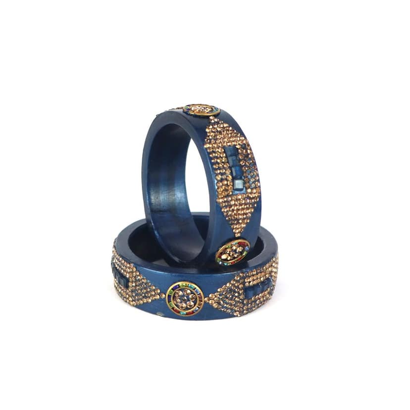 FHS Crystal Work Rajasthani Lac Bangles - Blue (piece 2) view 3