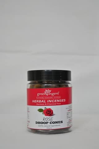 Green Fingers; Rose DHOOP Cones. Bamboo Free. Herbal Incense. Natural Aroma. Cow Dung, Kapur, & Other Natural Ingredients. Can be Used Daily for Pooja, Home Fragrance. Has a Stand. 1 Month Pack, Approx.