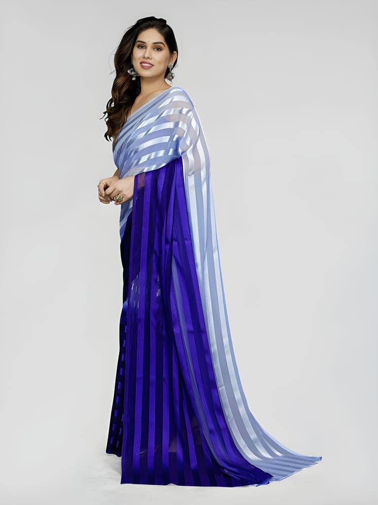 Women's Blue & White Organza Striped Saree with Unstitched Blouse Piece | Lightweight Party Wear, Festive & Wedding Saree view 3