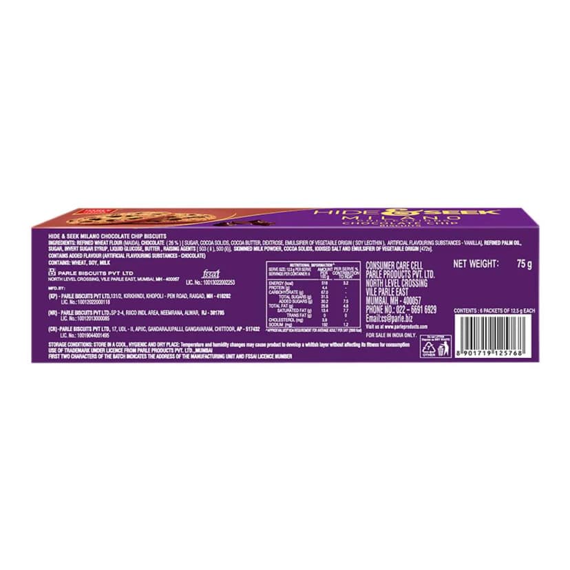 Parle Platina Hide & Seek Milano Chocolate Chip Cookies Milano Cookie, 75G view 2
