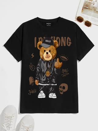 SCOTT FINCHER Men's Black T-shirt with a cartoon bear in a black jacket and gold chain : AA(HSR)BLACK_64