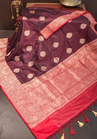 Banarasi Katan Silk Saree in Garnet and Red with Floral Motifs | SILK MARK CERTIFIED