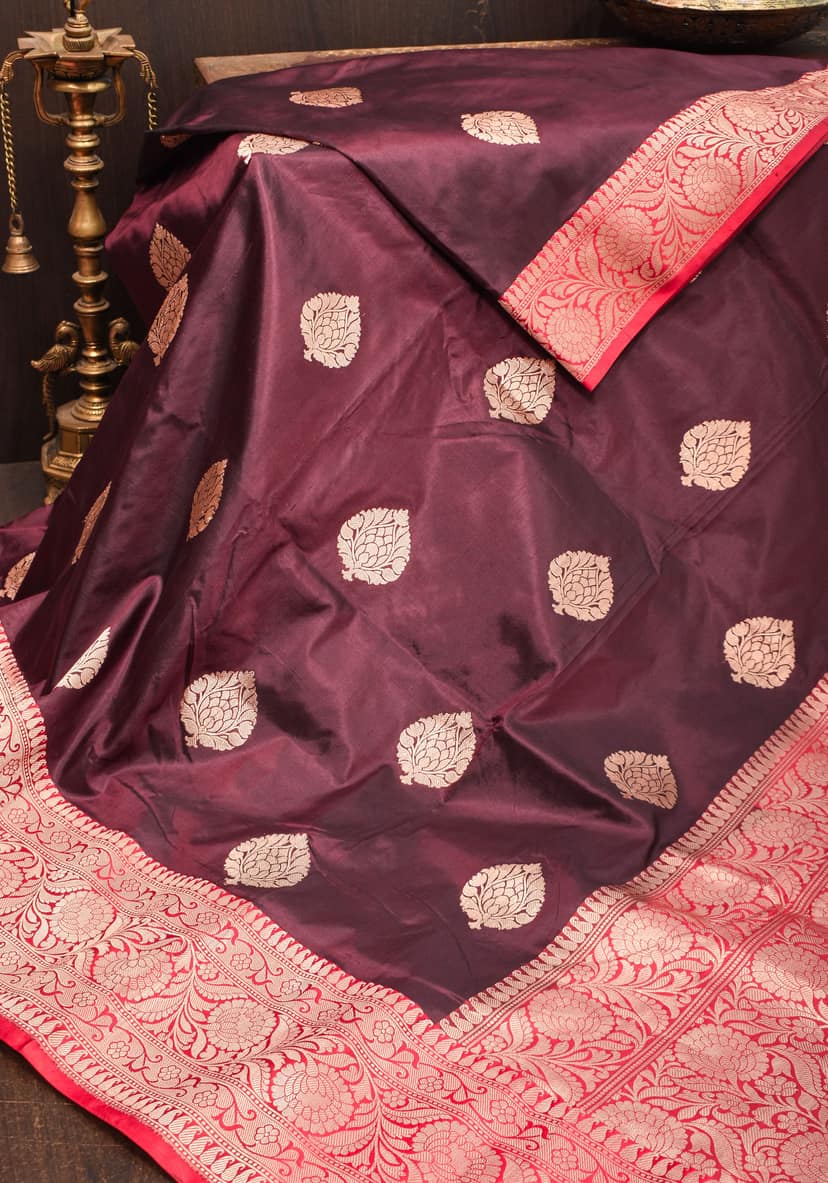Banarasi Katan Silk Saree in Garnet and Red with Floral Motifs | SILK MARK CERTIFIED view 2