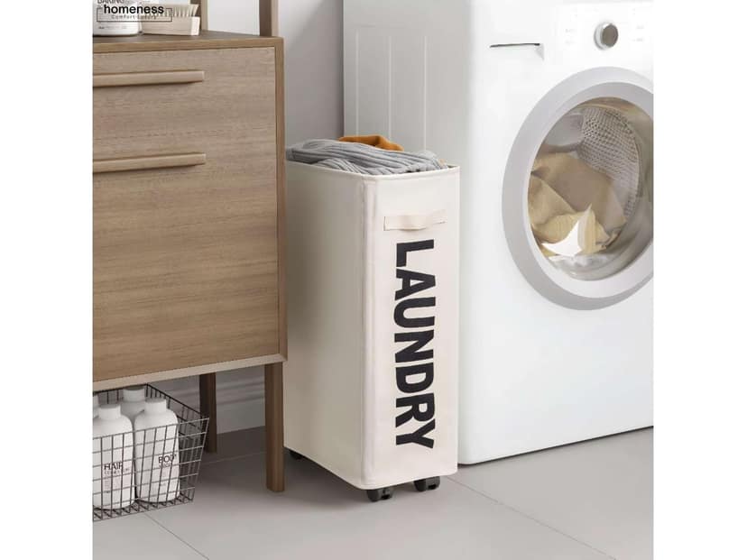 Homeness Foldable Laundry Basket with Wheels, Portable Laundry Bag & Clothes Bin, Toy Storage Organizer, Washing Clothes Basket, Movable Storage - Beige view 2