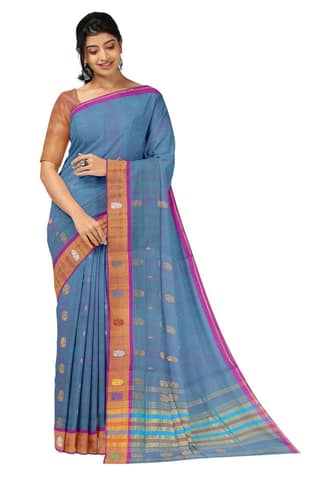 APCO Handloom - Women's Venkatagiri Pure Cotton Handloom Saree, Blue 09