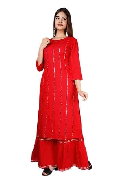 Buy & Try Women's Rayon Kurti with Sharara Set. Aari Work Kurta Sarara for Eid Festival Occasion. view 9