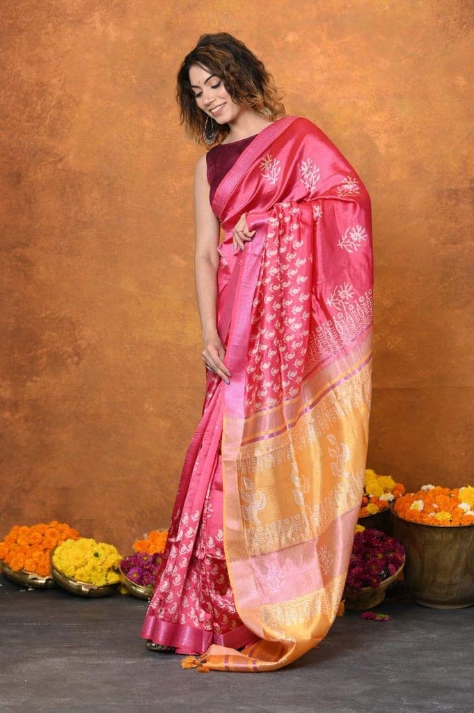 Designed By VMI~ Handloom Pure Organic Banana Silk Saree with Allover Handblock Print ~Pink view 2
