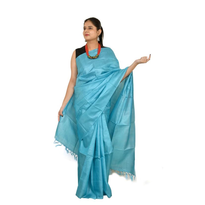 Tribes India Women's Ocean Blue Tussar Silk Saree - 1STXSARCG00026 - M6