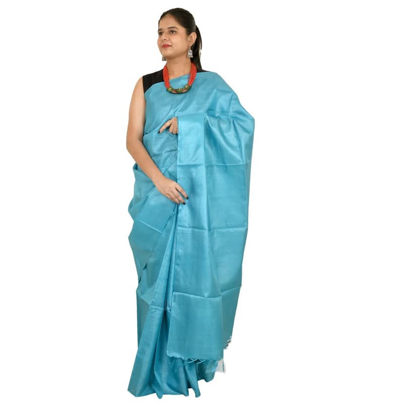 Tribes India Women's Ocean Blue Tussar Silk Saree - 1STXSARCG00026 - M6 view 2