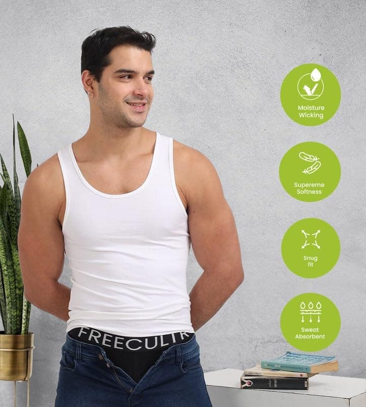 Freecultr Cotton Vest for Men Sleeveless Lightweight Solid Round Neck Comfort Vests Breathable & Comfortable Innerwear Sando for Man Regular Fit Pack of 2-Light Grey,White view 3