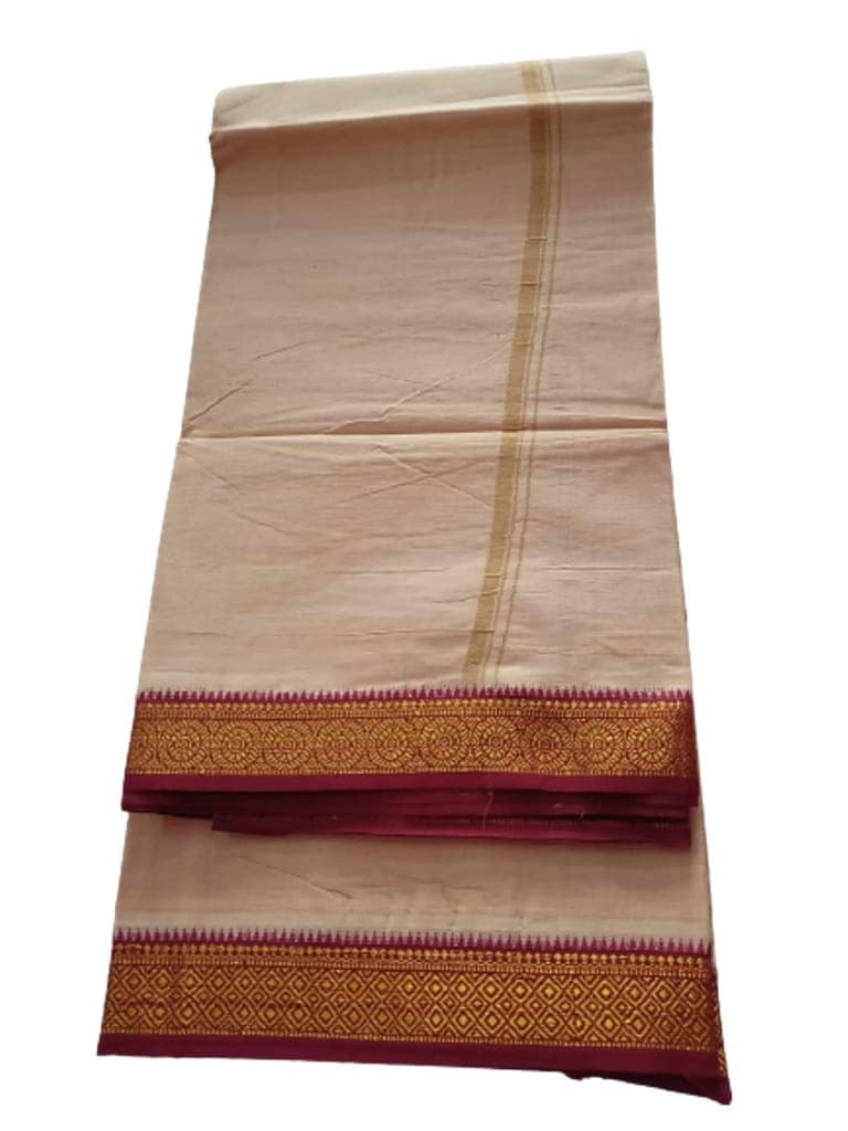 Jinka Lakshmi Collections 100% Handloom Cotton Biscuit Color Dhoti With Zari Border Up and Down 4 Meters Unstitched Pack of 2 (Multicolor-2) view 5