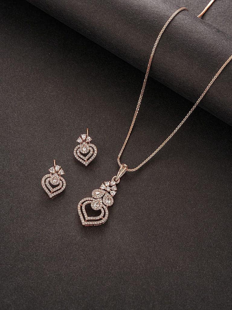 Rose Toned AD Zircon Studed Delicate Minimal Floral Pendant Jewellery Set