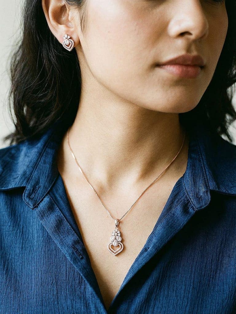 Rose Toned AD Zircon Studed Delicate Minimal Floral Pendant Jewellery Set view 2
