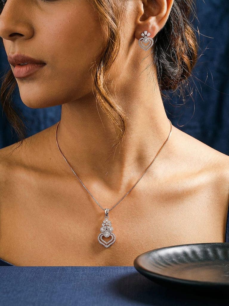 Rose Toned AD Zircon Studed Delicate Minimal Floral Pendant Jewellery Set view 3