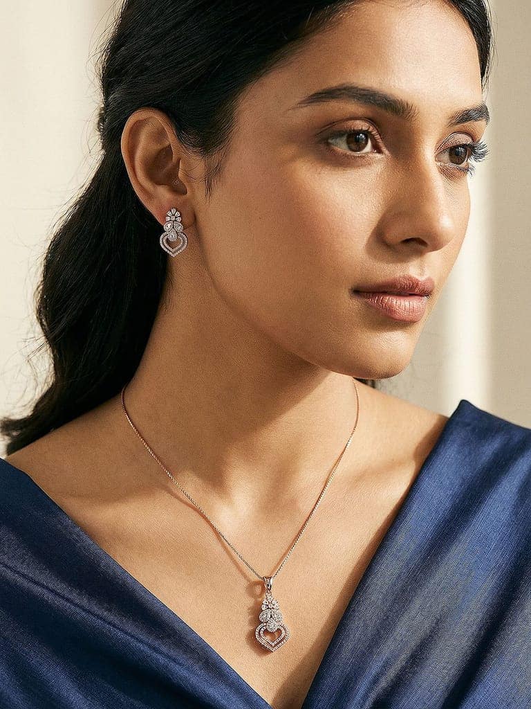 Rose Toned AD Zircon Studed Delicate Minimal Floral Pendant Jewellery Set view 5