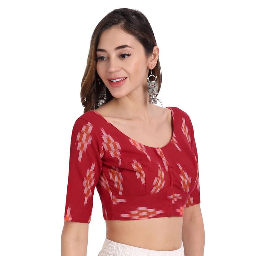 Ikkat Normal Cotton Elbow Length Sleeve Blouse, Red view 2