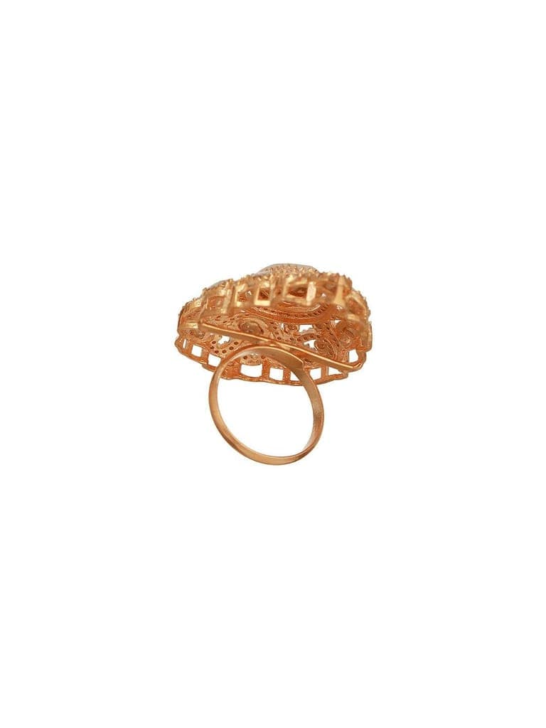 Gold Plated Kundan Moissanite Studded Filigree Luxe Tilak Shaped Cocktail Finger Ring view 10