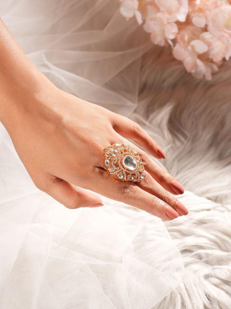 Gold Plated Kundan Moissanite Studded Filigree Luxe Tilak Shaped Cocktail Finger Ring view 2