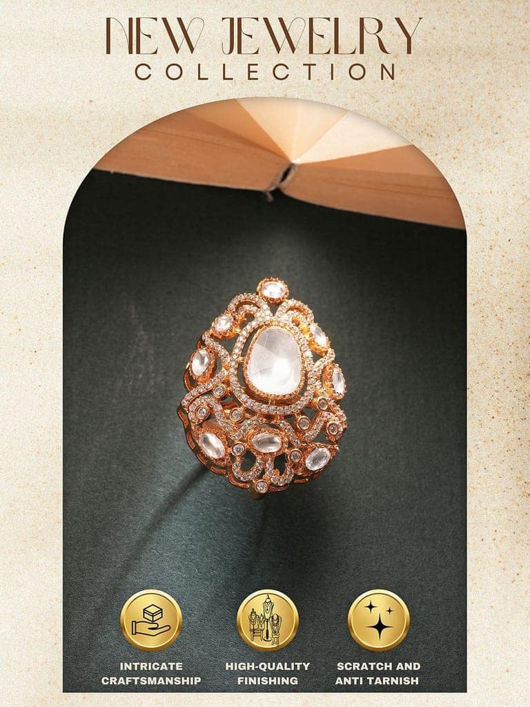 Gold Plated Kundan Moissanite Studded Filigree Luxe Tilak Shaped Cocktail Finger Ring view 7