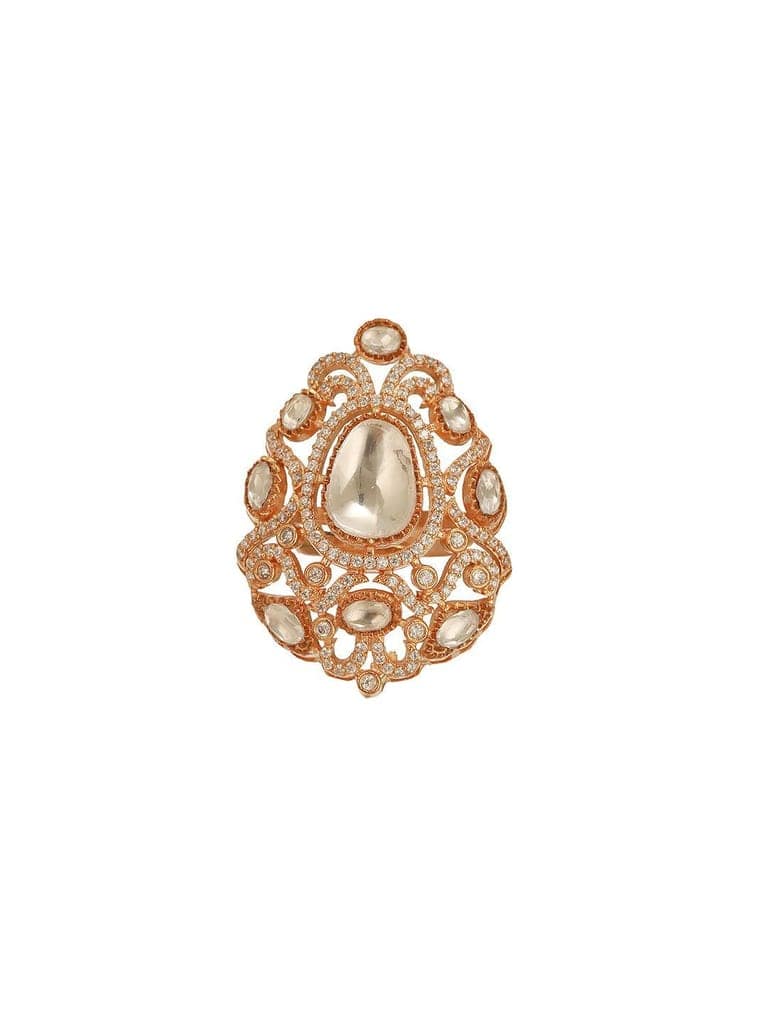 Gold Plated Kundan Moissanite Studded Filigree Luxe Tilak Shaped Cocktail Finger Ring view 8