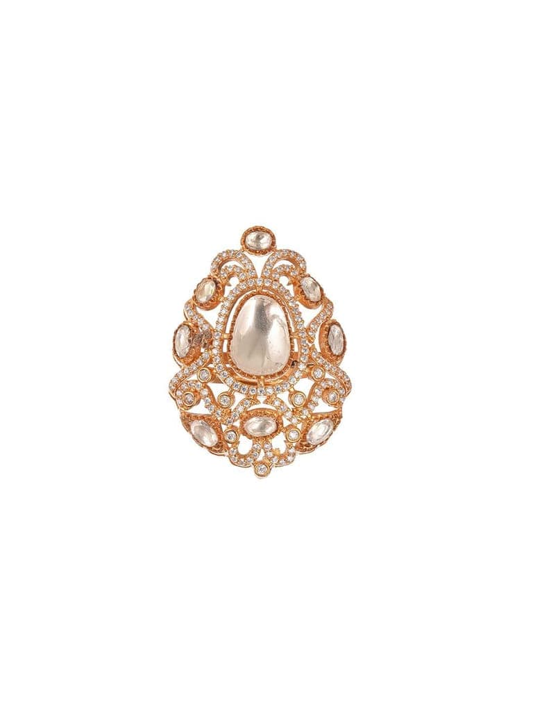 Gold Plated Kundan Moissanite Studded Filigree Luxe Tilak Shaped Cocktail Finger Ring view 9