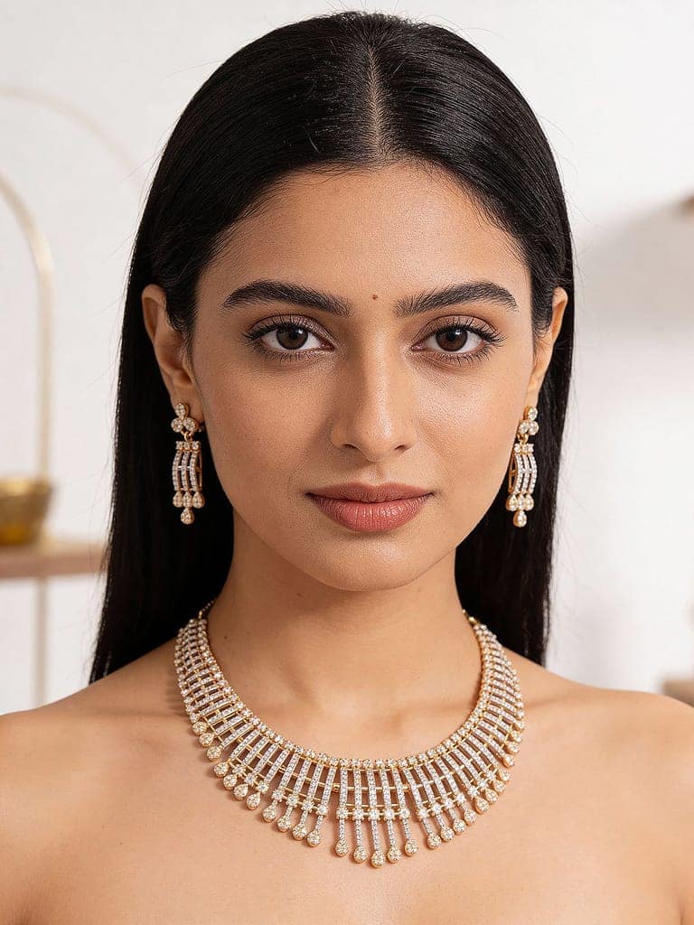 Gold Plated AD Zircon Studded Trendy Bridal Cocktail Jewellery Set view 2