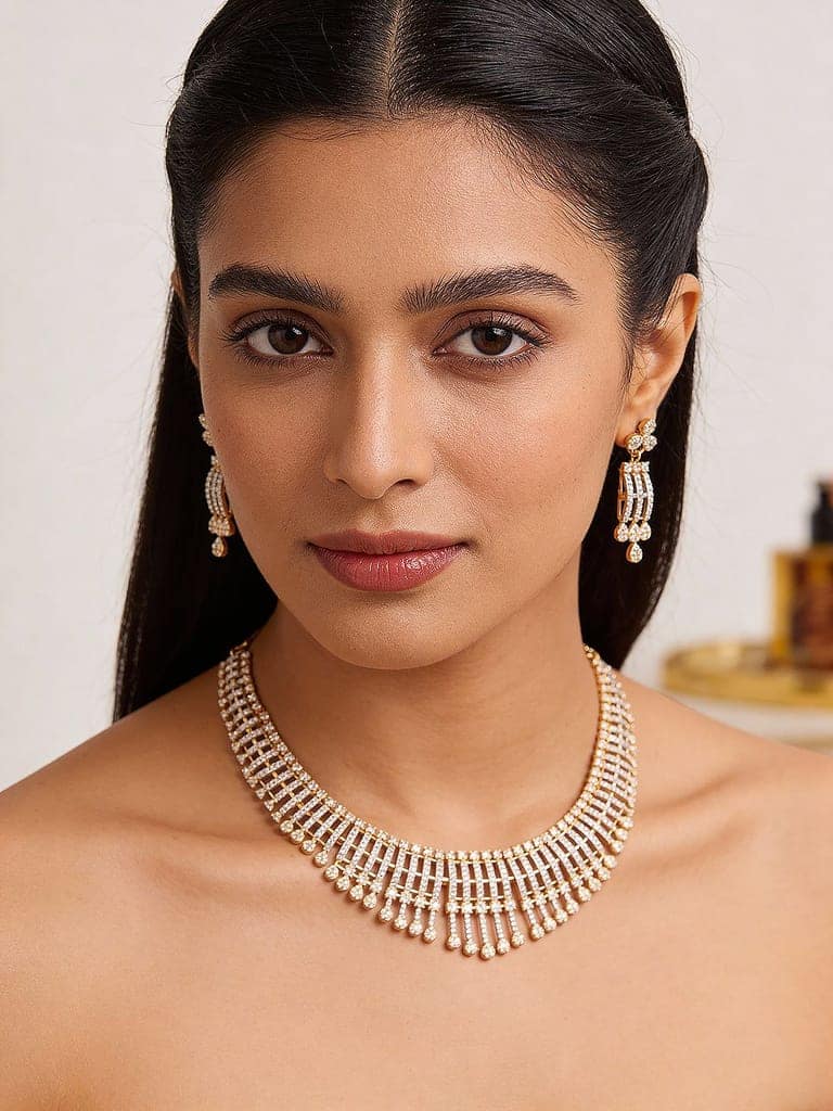Gold Plated AD Zircon Studded Trendy Bridal Cocktail Jewellery Set view 3