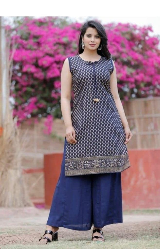 MANMAYEE Women's Rayon Embroidery Straight Sleeveless Kurti with Palazzo | Kurti Set view 4