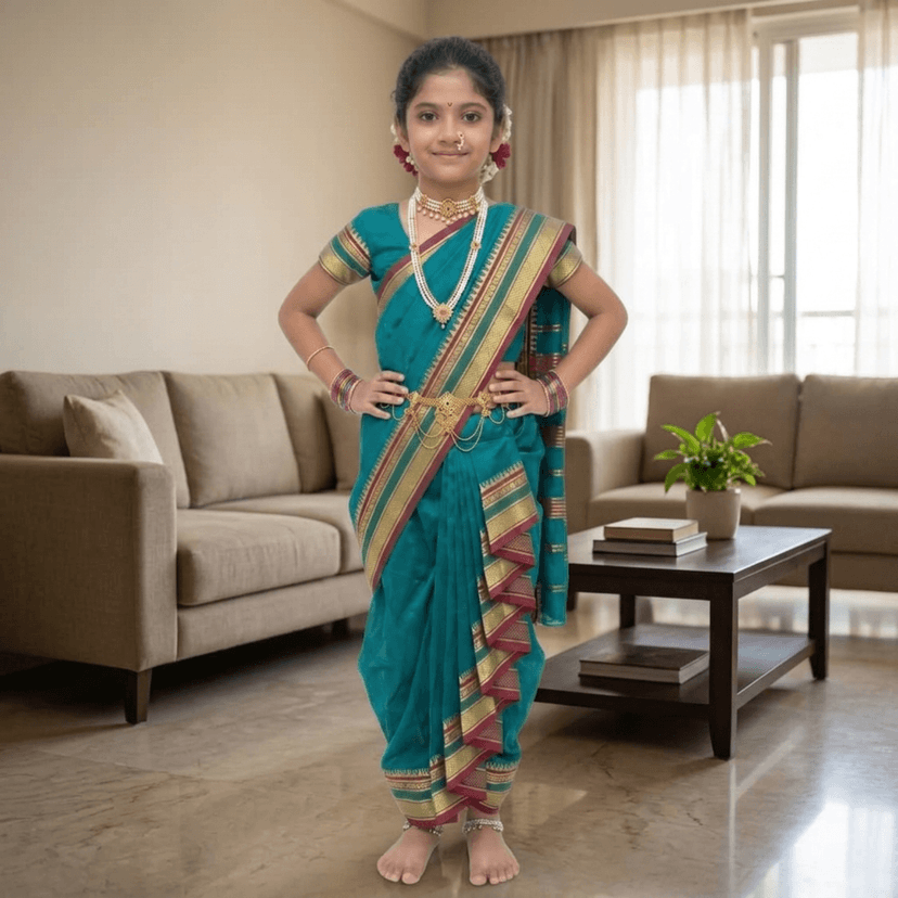 Mom and Me Girls' Ready-to-Wear Mastani Nauwari Saree with Stitched Blouse | Traditional Maharashtrian Ilkal Border | Soft Acrylic Cotton | Age 12 Months to 15 Years (Morpankhi, 5-6 Years) view 3