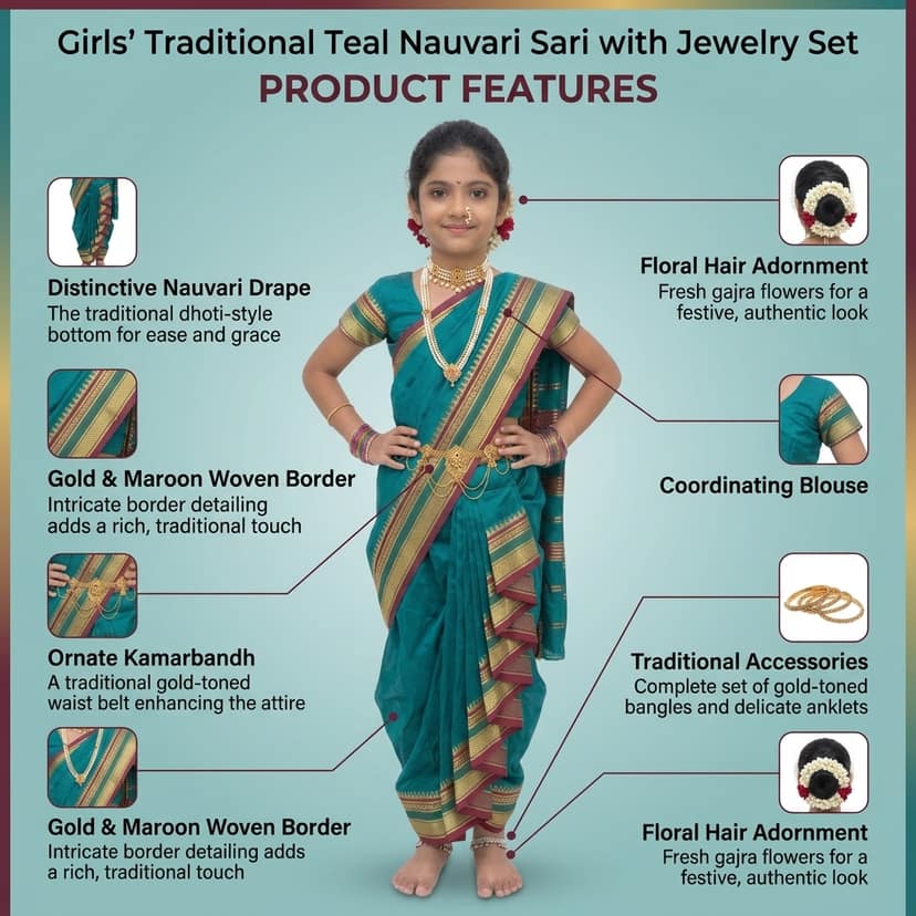 Mom and Me Girls' Ready-to-Wear Mastani Nauwari Saree with Stitched Blouse | Traditional Maharashtrian Ilkal Border | Soft Acrylic Cotton | Age 12 Months to 15 Years (Morpankhi, 5-6 Years) view 4