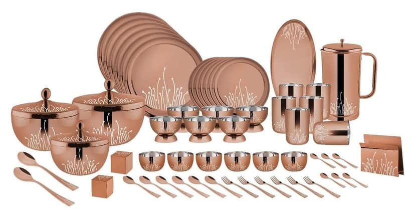 FnS LEHEREN 60pcs Stainless Steel Dinner Set (Quarter Plate, Full Plate, Glass, Serving Bowl, Desert Bowl, Glasses, Spoon & Rice Tray)