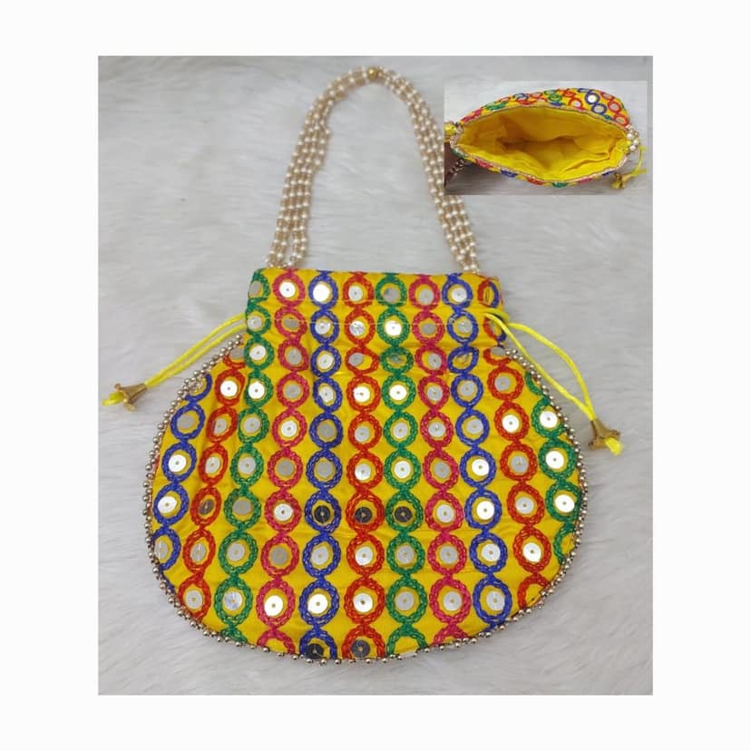 Yellow Hand Embroidered Potli Bag with Pearl Handle view 3
