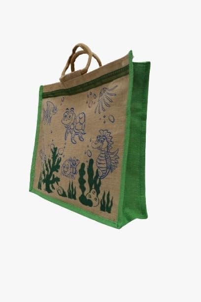 PALAK SAXENA Jute Bag for Shopping - Printed Jute Bag | Shoulder Bag | Shoppers Tote | Grocery Bag | Eco Friendly Bags for Shopping - Cute & Quirky Collection (Tortoise, Fish - Green) view 3