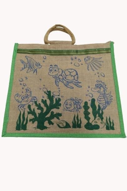 PALAK SAXENA Jute Bag for Shopping - Printed Jute Bag | Shoulder Bag | Shoppers Tote | Grocery Bag | Eco Friendly Bags for Shopping - Cute & Quirky Collection (Tortoise, Fish - Green) view 5