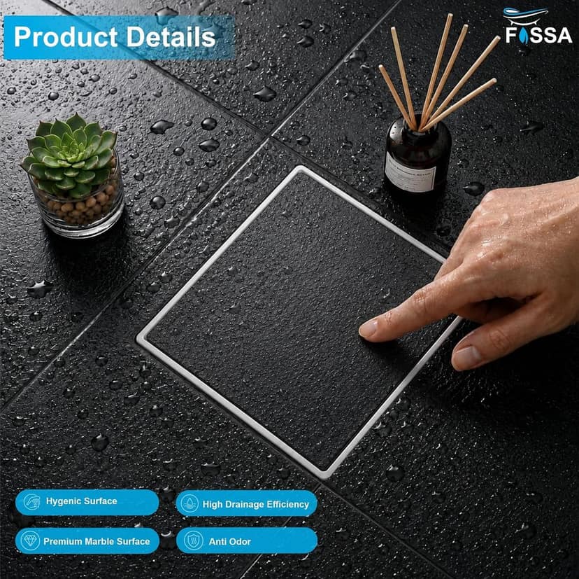 Fossa 6x6 Inch Marble Tile Insert Floor Drain – White (RW-214) view 5