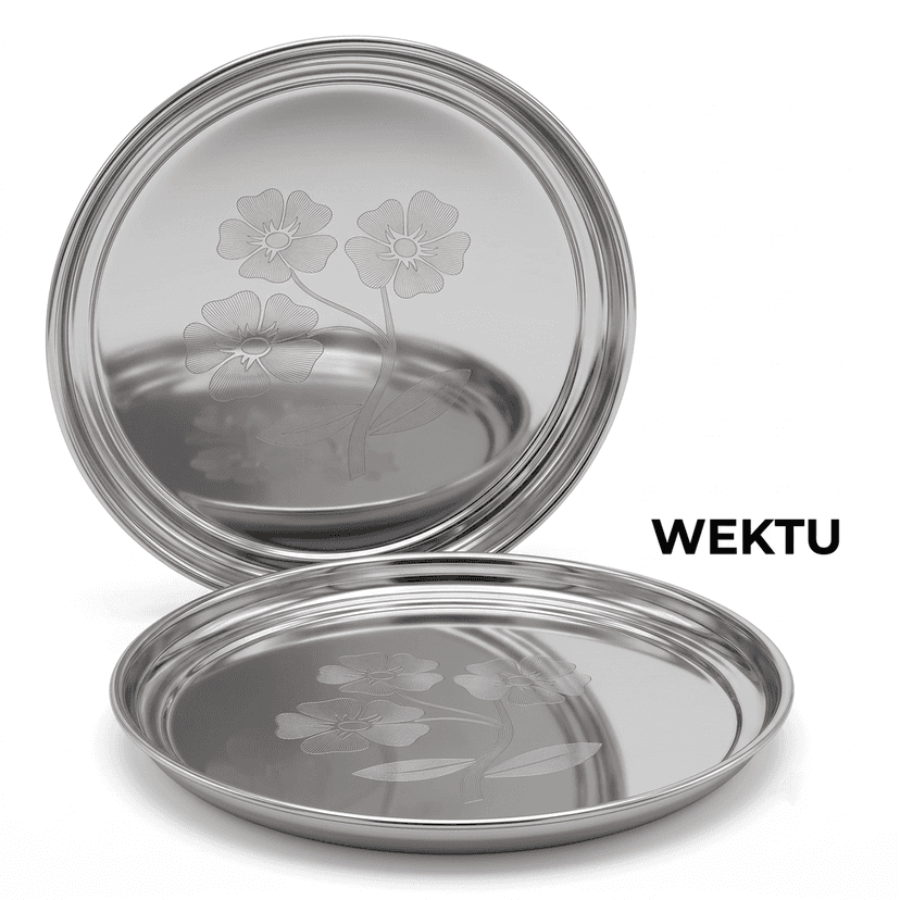 WEKTU Stainless Steel Rajbhog Gol Dinner Plate with Laser Floral Print (29 cm Diameter) – Premium Heavy Gauge Mirror Finish Round Thali for Lunch & Dinner | Food Grade, Durable & Rust Proof