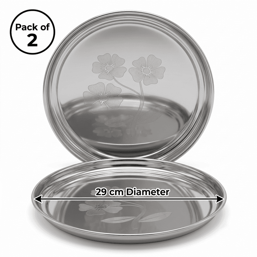 WEKTU Stainless Steel Rajbhog Gol Dinner Plate with Laser Floral Print (29 cm Diameter) – Premium Heavy Gauge Mirror Finish Round Thali for Lunch & Dinner | Food Grade, Durable & Rust Proof view 2