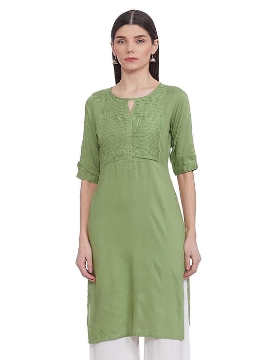 Green Rayon Embroidered A-Line Kurta with Round Neck and 3/4th Sleeves