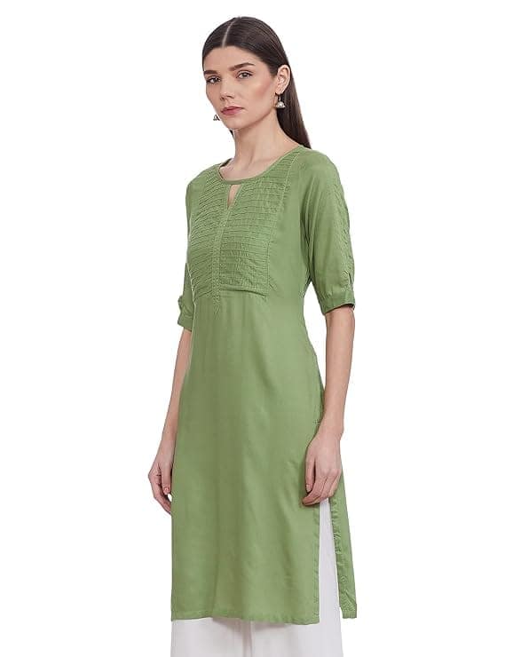 Green Rayon Embroidered A-Line Kurta with Round Neck and 3/4th Sleeves view 3