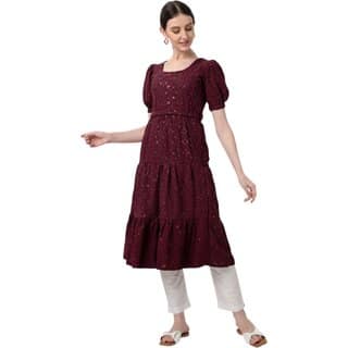 JADIIDA Beautiful Embroidery Women Hakoba Cotton A-line Kurta (Maroon)