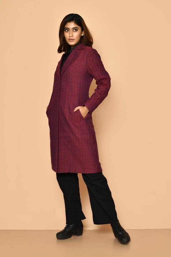 Mrinal handloom cotton trench coat jacket for women view 3