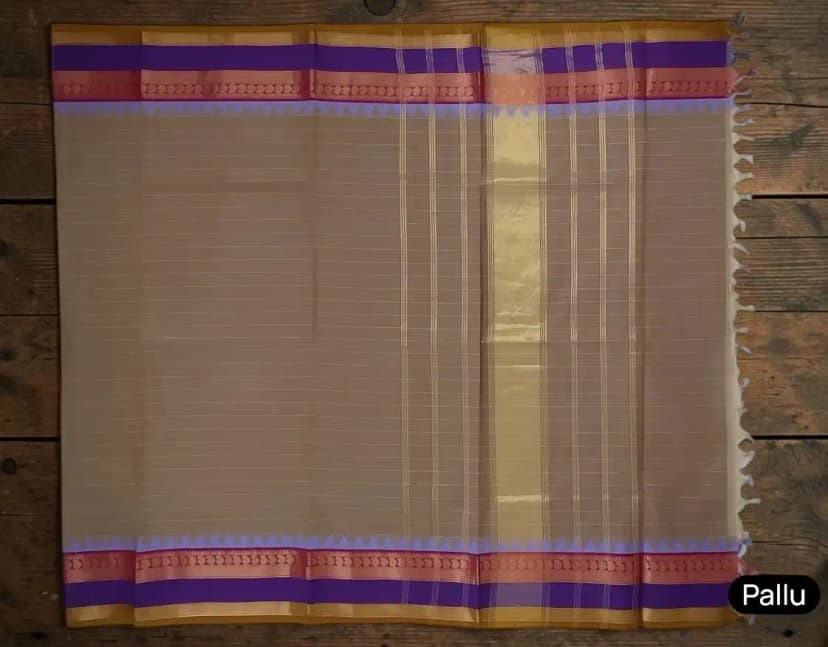 Handwoven Kanchipuram Cotton Saree in Light Khaki with Zari Border view 4