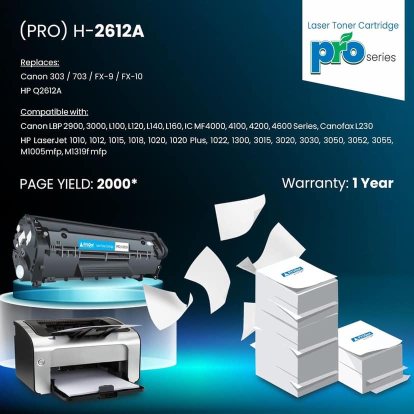 ProDot (PRO H-2612A Laser Toner Cartridge for HP Q2612A & Canon CRG 303/703/FX-9/FX-10 Compatible with HP Laserjet 1010-1020, 3015-3055, M1319f MFP & Canon LBP 3000, L160 IC,4600 Series view 2