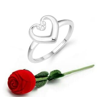 VFJ Cute Heart CZ Rhodium Plated Ring with Scented Velvet Rose Ring Box for women and girls and your Valentine.