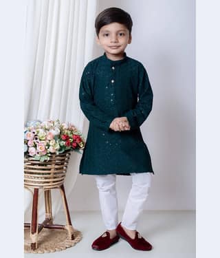 New Collection Boys Chanderi Sequined - Pattern Kurta Pant Set ( Dark Blue , Pack of 1 )