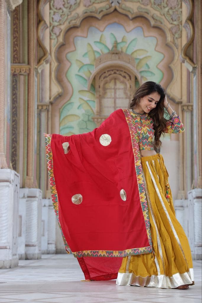 Handblock Printed Gota Patti Lehanga Choli with Mulmul Dupatta (Size: 38-46) Mustard Yellow Color-3958 view 3