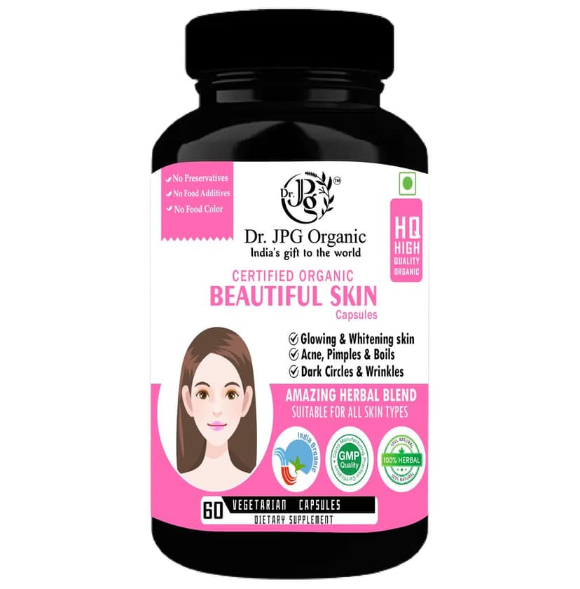 Dr JPG Organic Herbals Beautiful Skin Wellness Capsules 500mg, 60Veg. Capsules | For Healthy, Radiant & Glow, Helps Rejuvenate Skin & Naturally Purify The Blood,| INDIA Organic Certified.