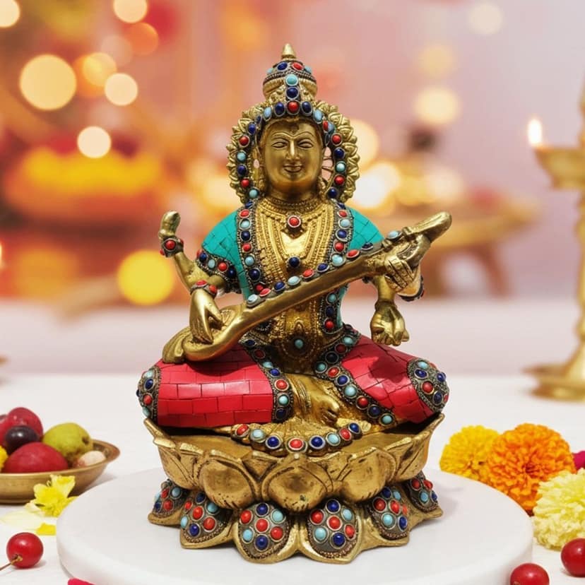 Brass Saraswati Devi Idol - Premium Decorative Statue, Height : 10.5 Inch (BSMAS054)