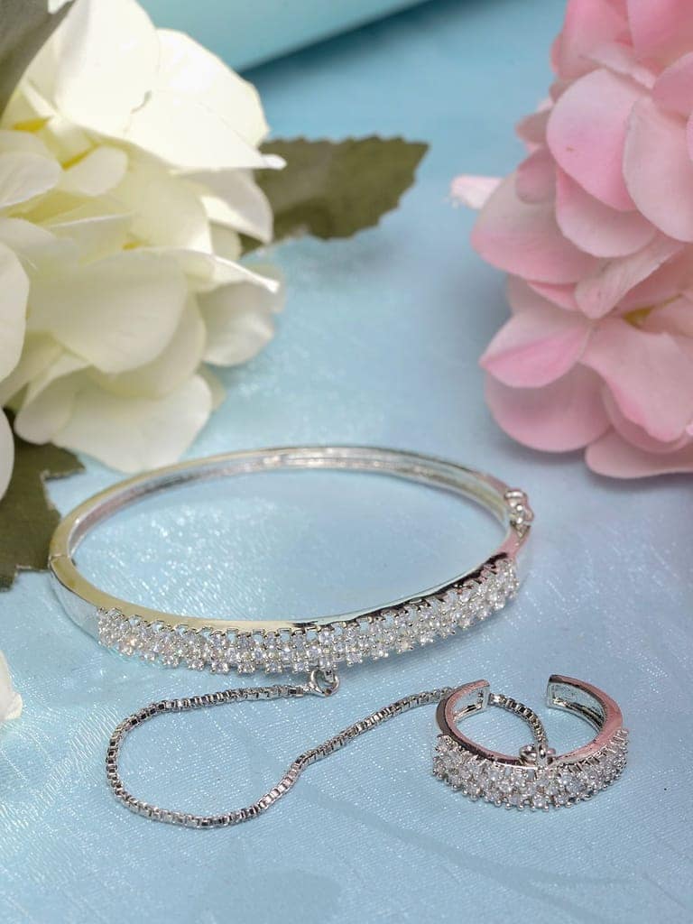 Silver Toned AD studded Handcrafted Ring Bracelet view 4