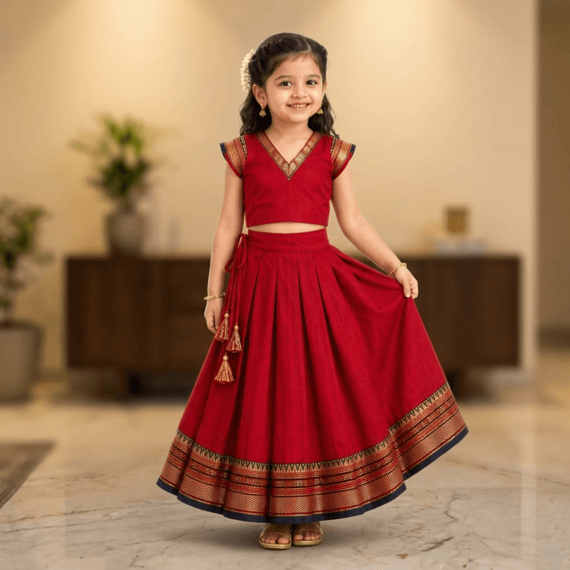 Mom and Me Girls’ Lehenga Choli/Parker Polka/Pattu Pavadai (0 Months–6 Years) | Acrylic Cotton with Soft Cotton Lining | V-Neck, Short Puff Sleeves, Zipper Closure (Red, 3-6 M) view 3
